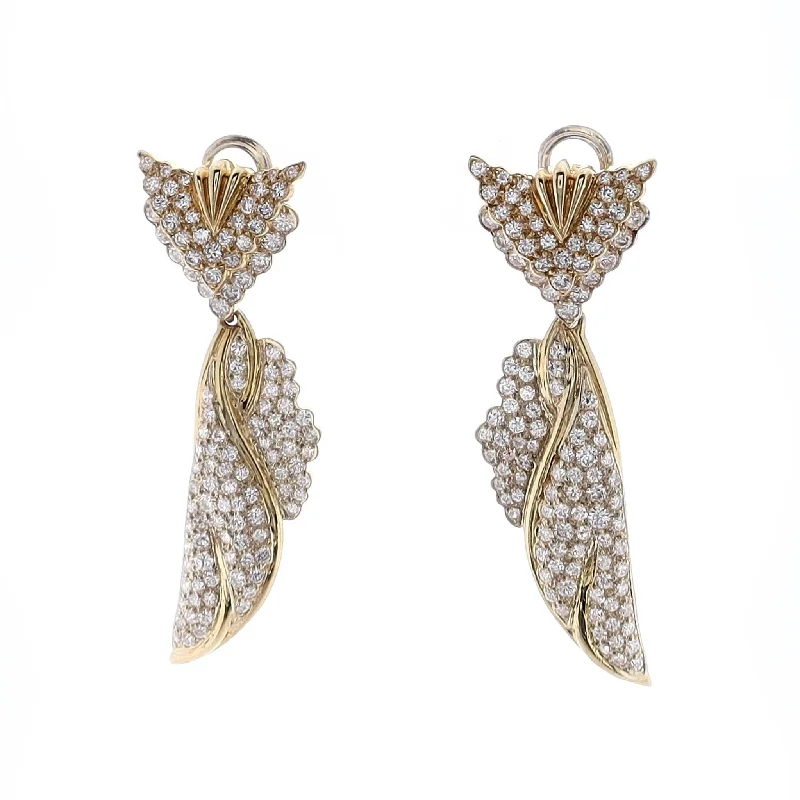 Layered gem earrings-Estate 18k Yellow Gold Pave "V" Top With Pave Diamond Drop Wings Round Brilliant Cut Diamond Pierced Earrings