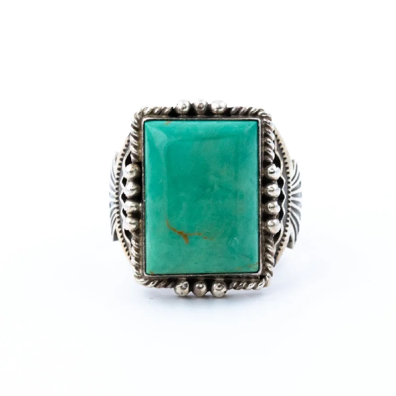 Carved name rings-Classic Square-Cut Green Turquoise Navajo Ring