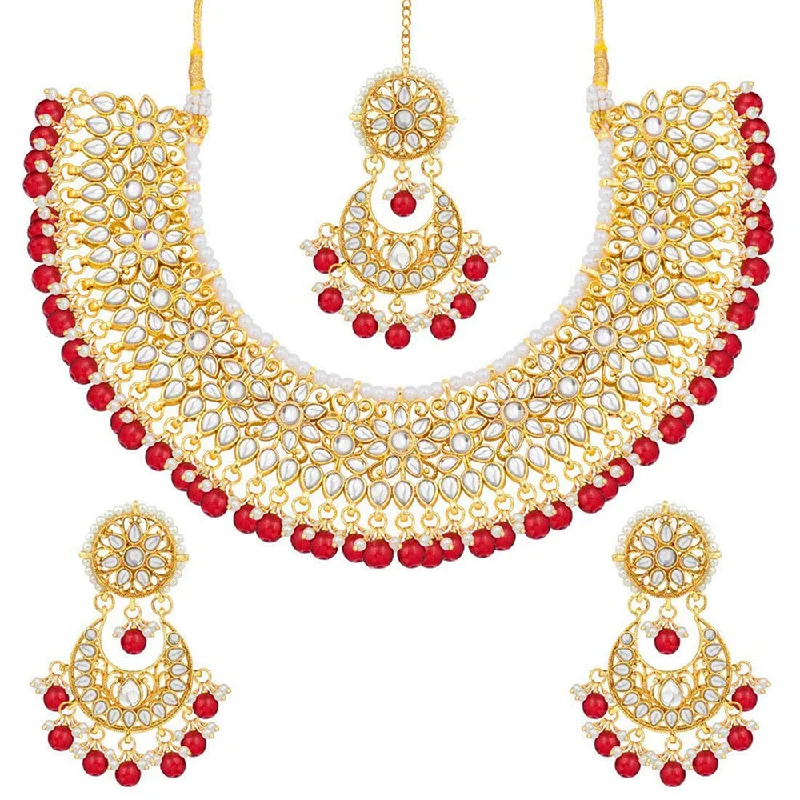 Silk cord necklaces-Etnico 18K Gold Plated Traditional Handcrafted Faux Kundan & Pearl Studded Bridal Choker Necklace Jewellery Set with Earrings & Maang Tikka (K7076R)