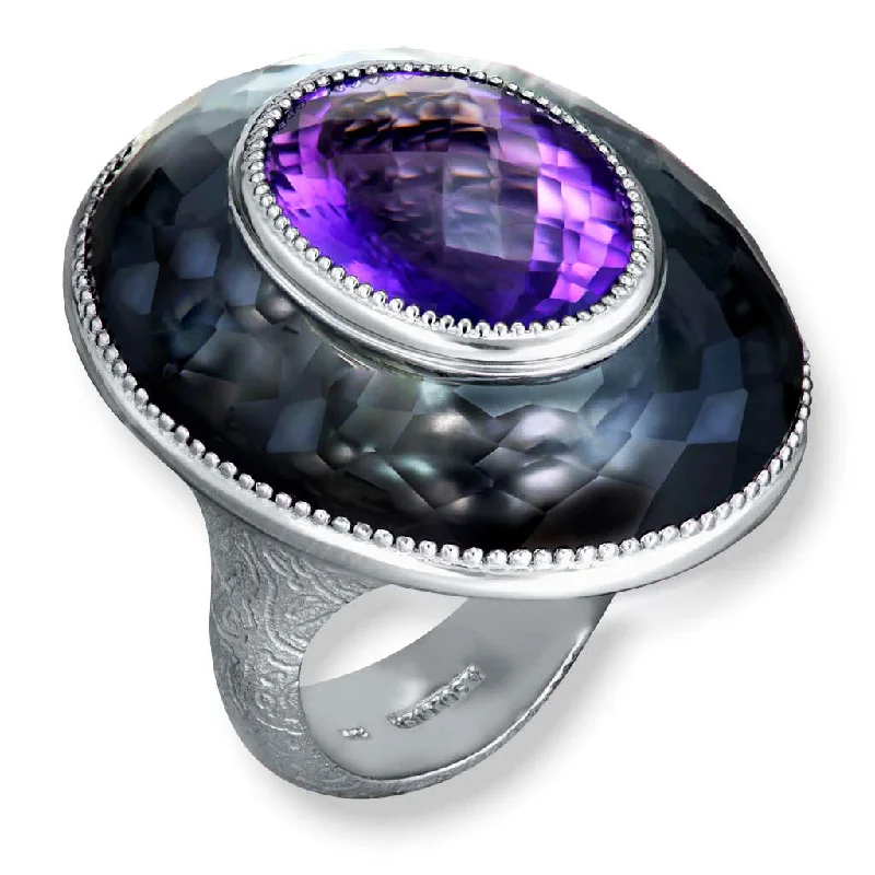 Heavy stone rings-Silver Galactica Ring with Amethyst, Hematite & Quartz