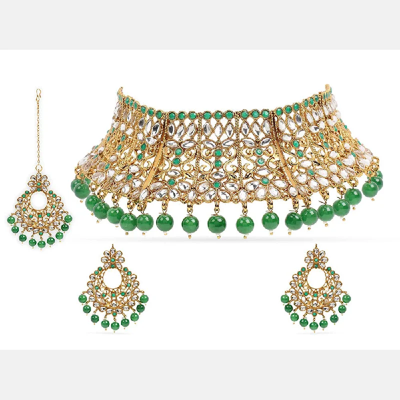 Lunar glow necklaces-Etnico 18K Gold Plated Traditional Choker With Earrings & Maang Tikka Encased With Kundan (M4160G)