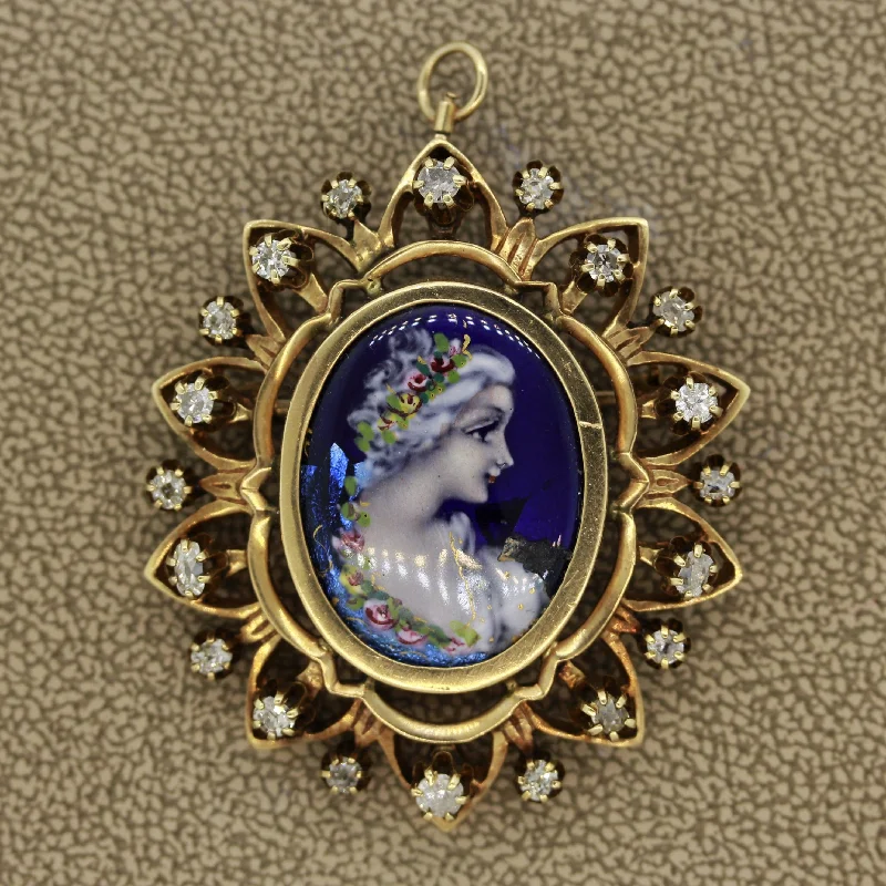 Quartz gem brooch-French Victorian Antique Porcelain Diamond Gold Pendant-Brooch