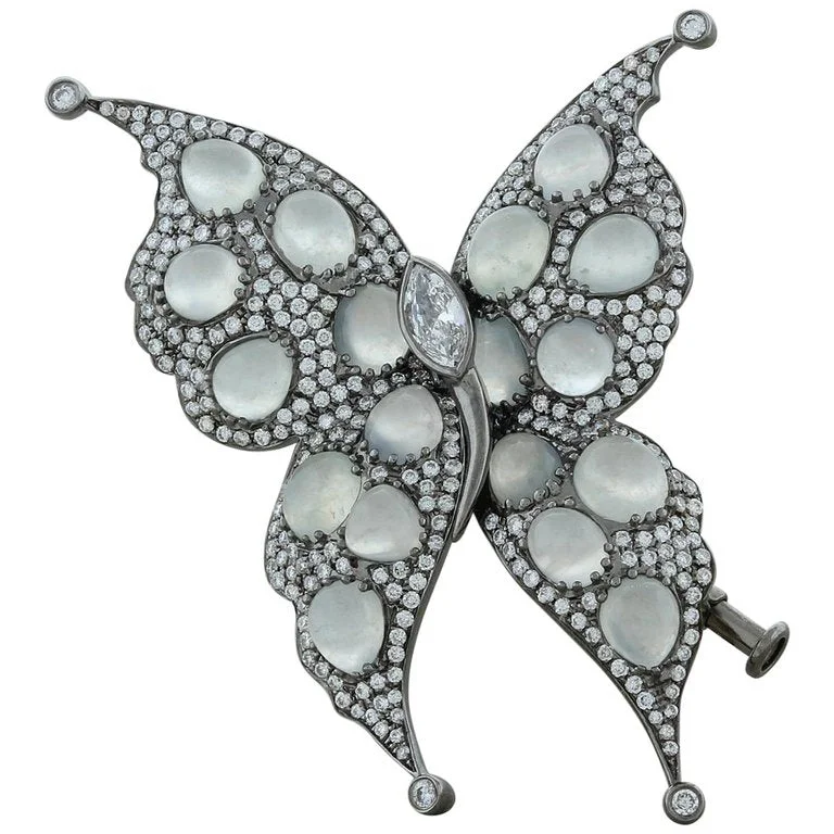 Heavy gem brooch-Moonstone Diamond Gold Butterfly Brooch