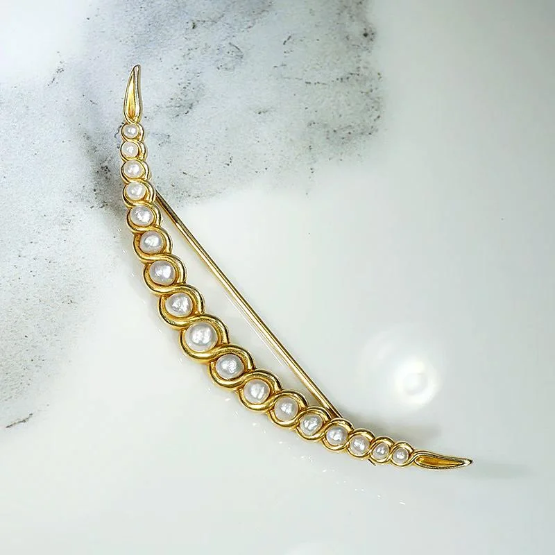 Polished stone brooch-Dreamy Crescent Moon Brooch in Gold & Pearls