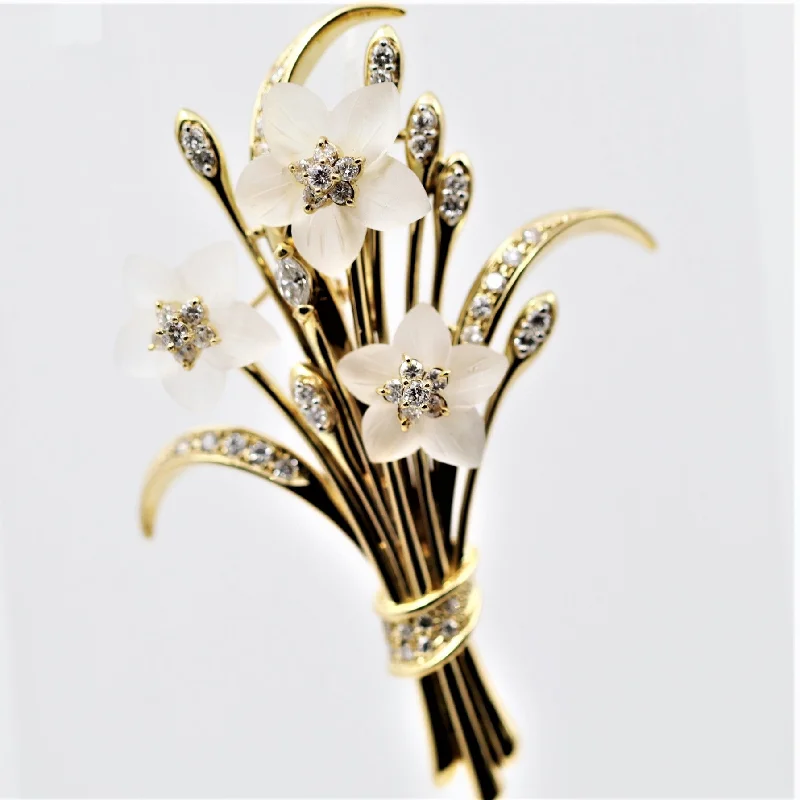 Spinel accent brooch-Diamond Carved-Quartz Gold Flower Bouquet Brooch