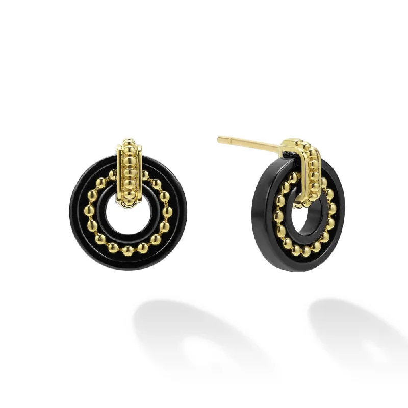 Topaz stone earrings-Lagos 18k Gold Black Caviar Ceramic Stud Earrings