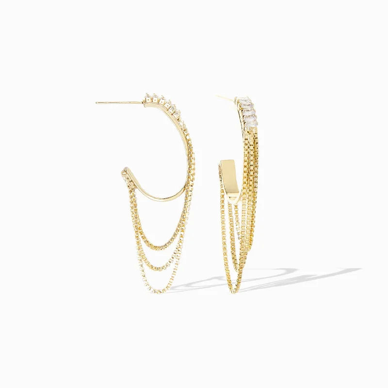 Swirl drop earrings-oval hoop with pave baguettes and drop chain detail