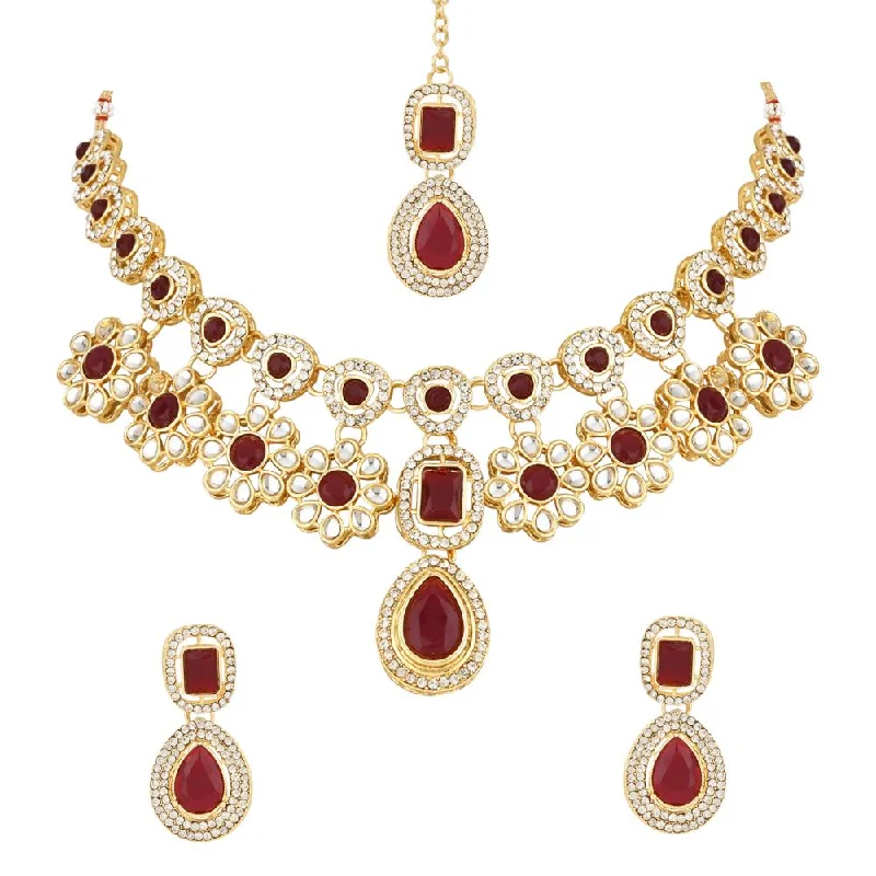 Topaz pendant necklaces-Etnico Stylish Gold Plated Traditional Kundan Stone Necklace Jewellery Set for Women/Girls (IJ377M)