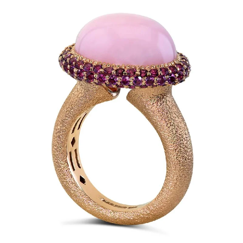 Quartz inlay rings-Gold Cocktail Ring with Pink Opal & Garnets