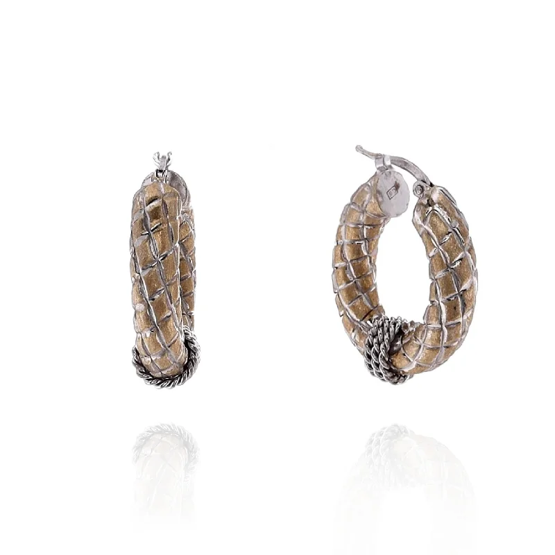 Topaz stud earrings-Estate 14k Two-Tone Puffed and Quilted Design Hoop Earrings