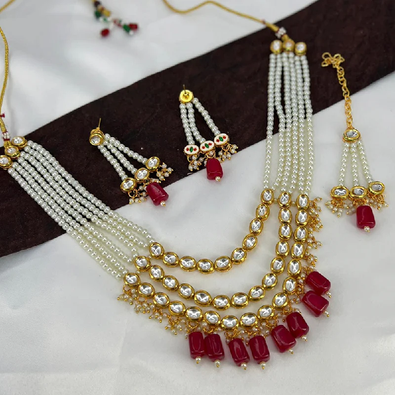 Vibrant enamel necklaces-India Art Gold Plated Kundan Stone & Beads Necklace Set