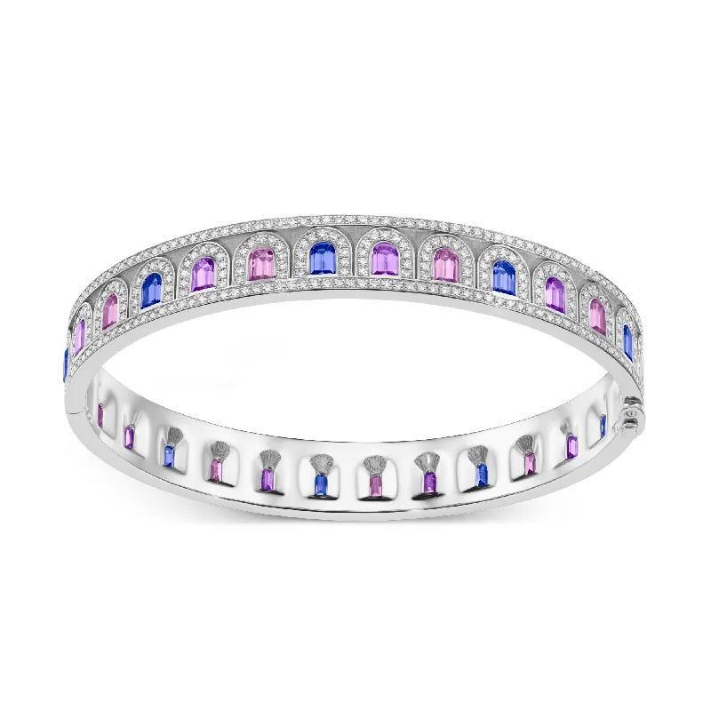 Frosted glass bangles-L'Arc Deco Bangle in Platinum with DAVIDOR Arch Cut Blue, Pink and Violet Sapphires and Brilliant Diamonds