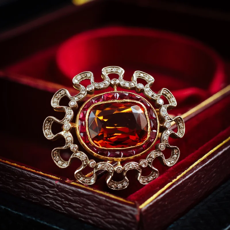 Thai style brooch-Extraordinary Antique Edwardian Citrine, Ruby and Diamond Brooch