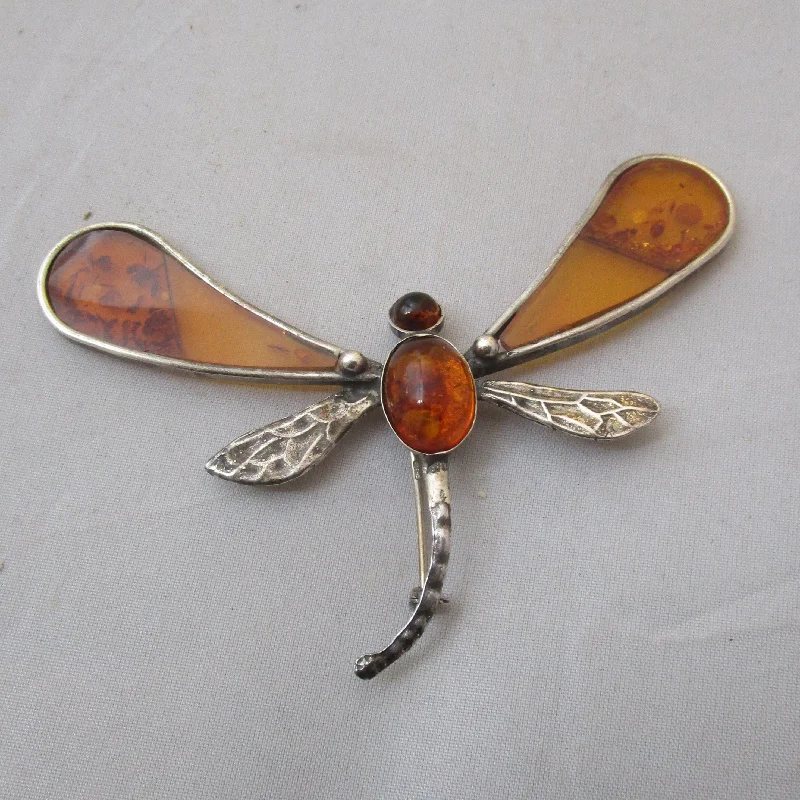 Moonstone brooch-Sterling Silver And Amber Dragonfly Brooch Pin Vintage c1970