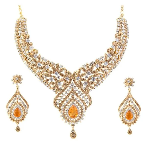 Wide bib necklaces-Kriaa Orange Austrian Stone Gold Plated Necklace Set - 1105320