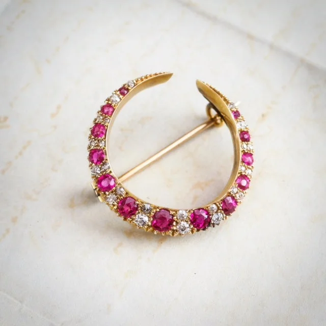 Curved art brooch-Antique Victorian Ruby & Diamond Crescent Brooch