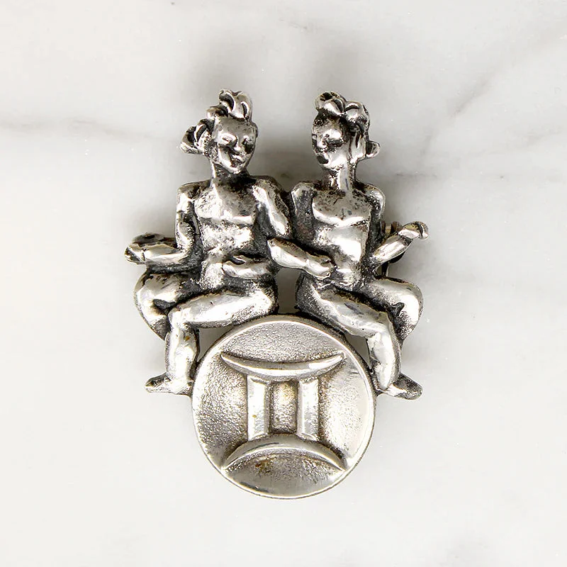 Polished bead brooch-Gemini Zodiac Brooch in 830 Silver