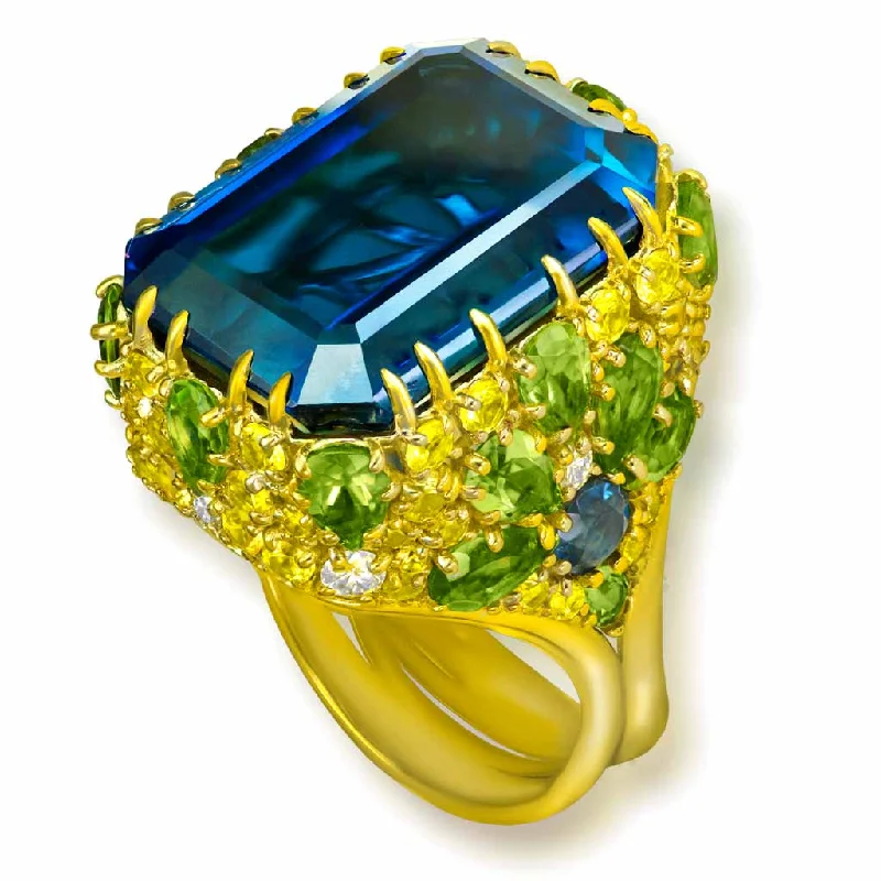 Vintage vow rings-Gold Blossom Ring with London Blue Topaz