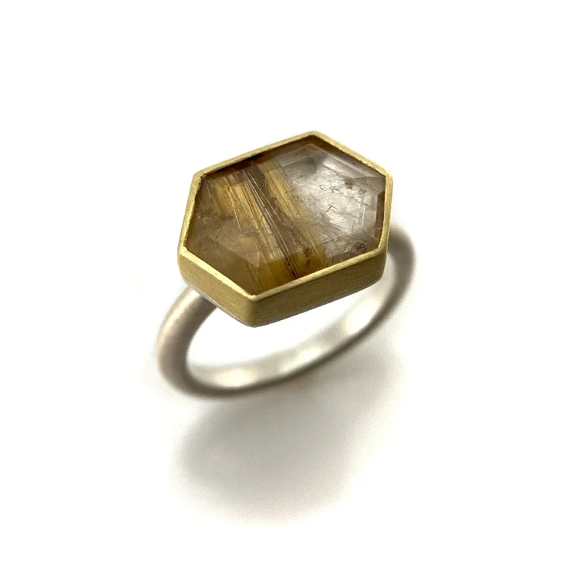 Sleek rose rings-Hexagon Rutilated Quartz Ring