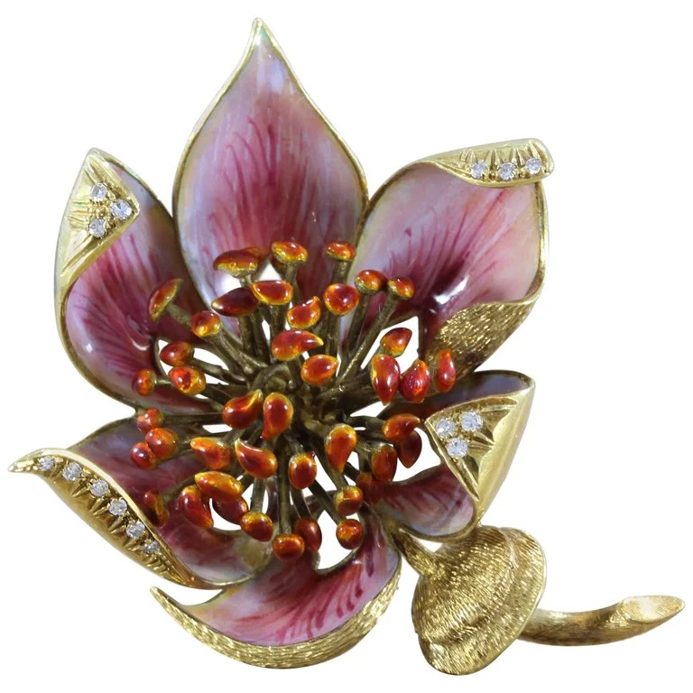 Onyx accent brooch-Italian Enamel Diamond Gold Flower Brooch