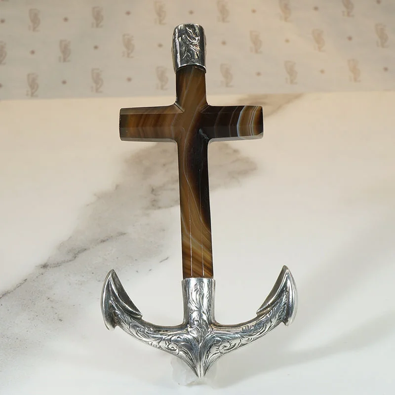 Quartz accent brooch-Agate & Engraved Sterling Sailor's Cross Brooch