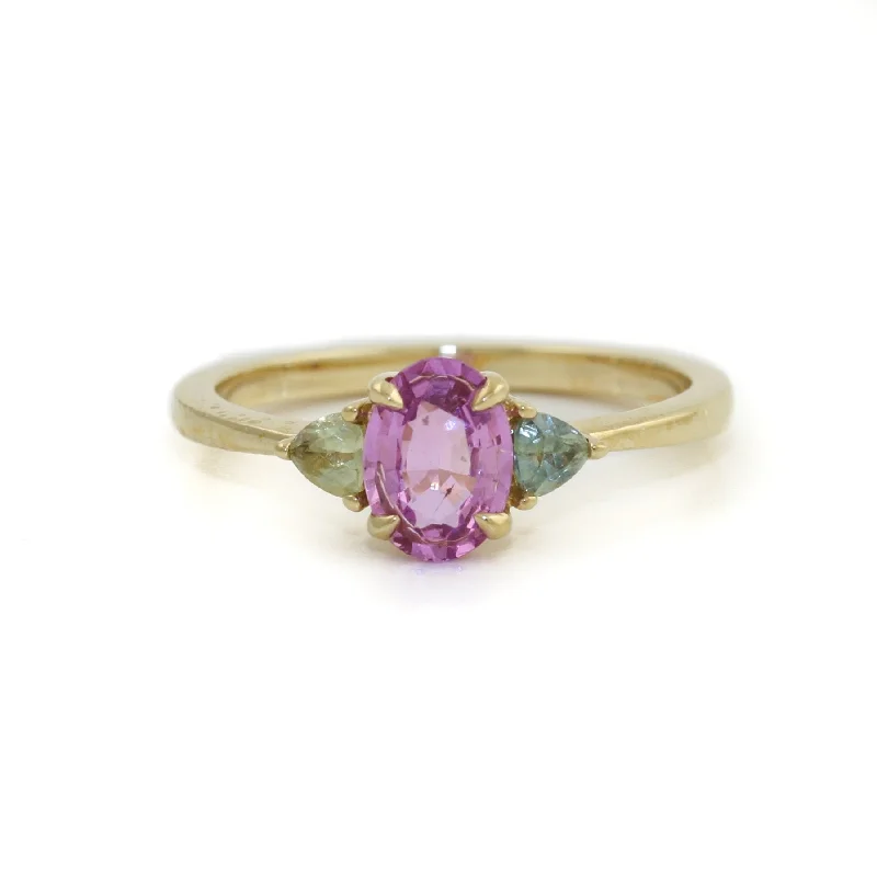 Bear motif rings-14K Gold Pink & Teal Sapphire Ring