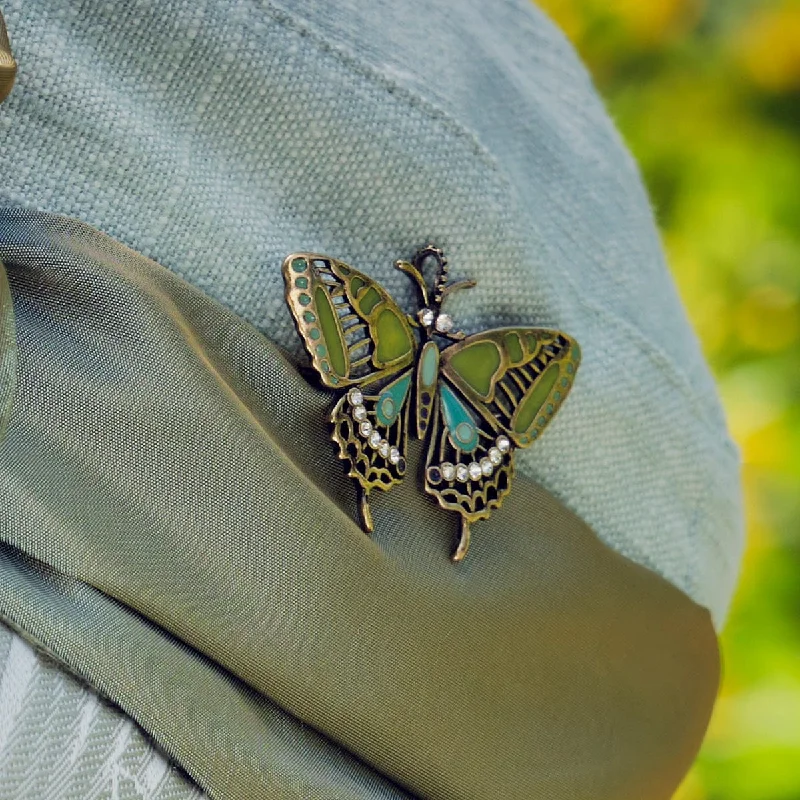 Topaz gem brooch-Arts and Crafts Green Enamelled Butterfly brooch