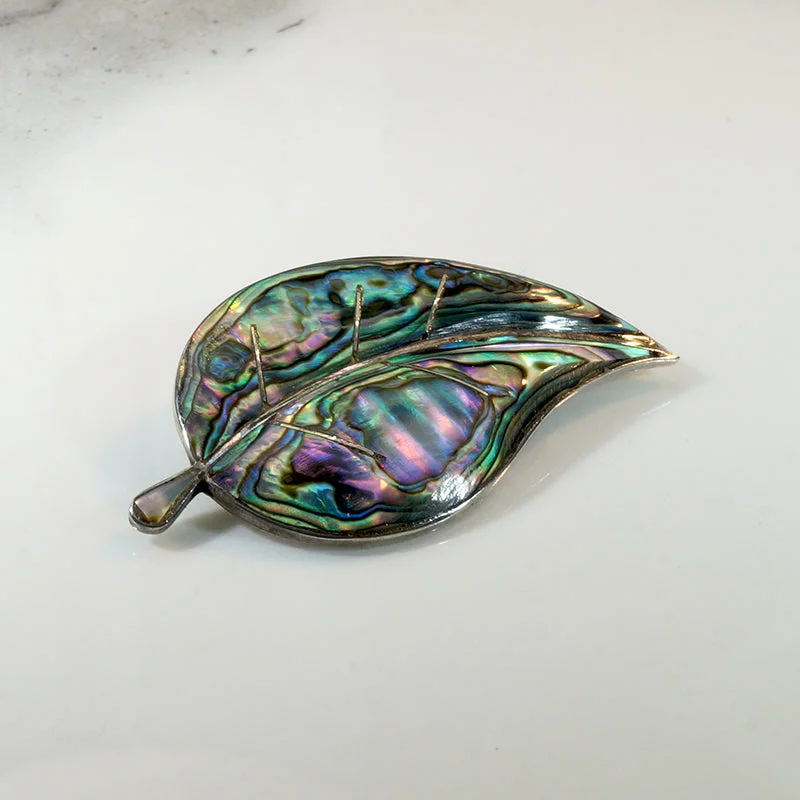 Subtle pearl brooch-Mexican Sterling & Abalone Inlay Leaf Brooch