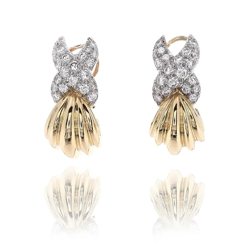 Victorian style earrings-Estate Charles Turi Two-Tone Scallop Design and Pave "X" Diamond Earrings