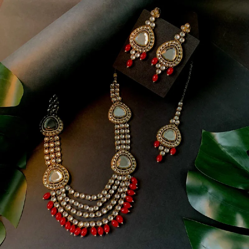 Onyx stone necklaces-Etnico Gold Plated Traditional Multi Layered Pearl Kundan Bridal Necklace Jewellery with Dangle Earrings & Maang Tikka Set For Women/Girls (IJ387R)