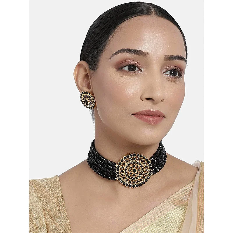 Satin gloss necklaces-Etnico 18K Gold Plated Traditional Light Weight Crystal Stone Beaded Choker Necklace Jewellery Set Glided With Moti Work (ML239B)