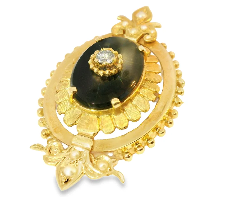 Pinch clasp brooch-Magnificent Victorian 14K Yellow Gold Onyx Diamond Seed Pearl Pendant Brooch Pin