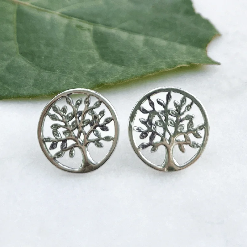 Fine bead earrings-Tree of Life Post Earrings - Sterling Silver, Indonesia