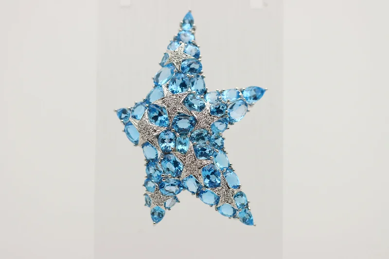 Matte finish brooch-Large Blue Topaz Diamond Gold Starfish Brooch