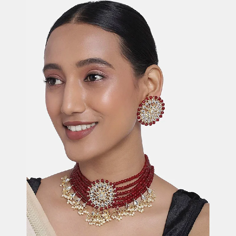 Cosmic glow necklaces-Etnico 18k Gold Plated Traditional Choker Set Glided With Kundan & Pearls For Women/Girls (K7097M)