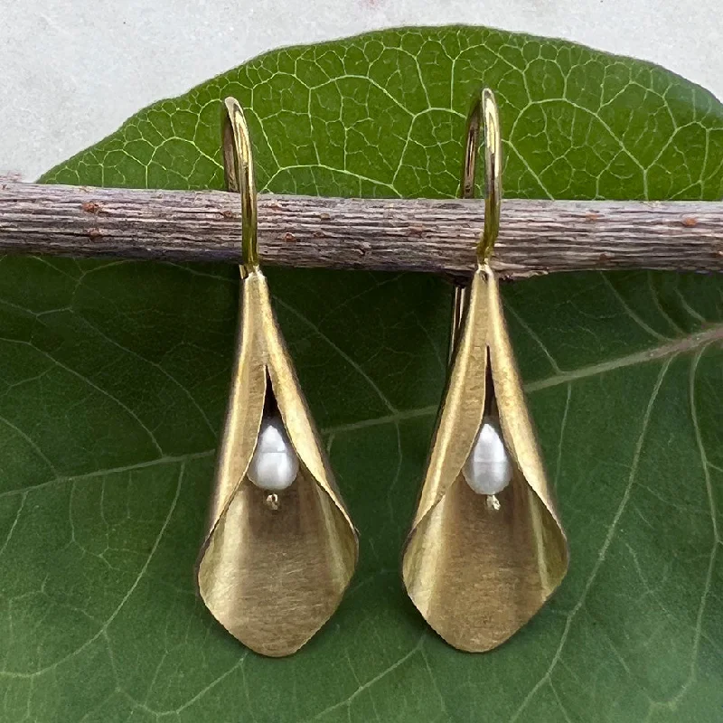 Baroque pearl earrings-Sacred Lily Earrings - Brass, Indonesia