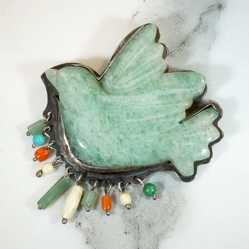 Sleek pin brooch-Large Carved Jade Dove Brooch with Bead Fringe