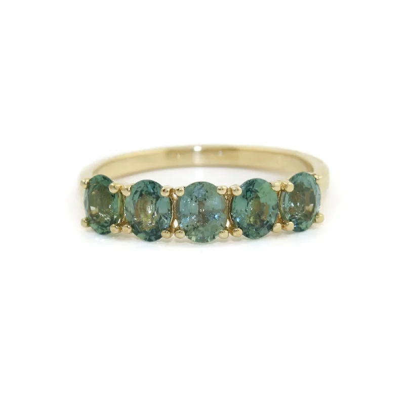 Subtle filigree rings-14k Five-Stone Teal Sapphire Band