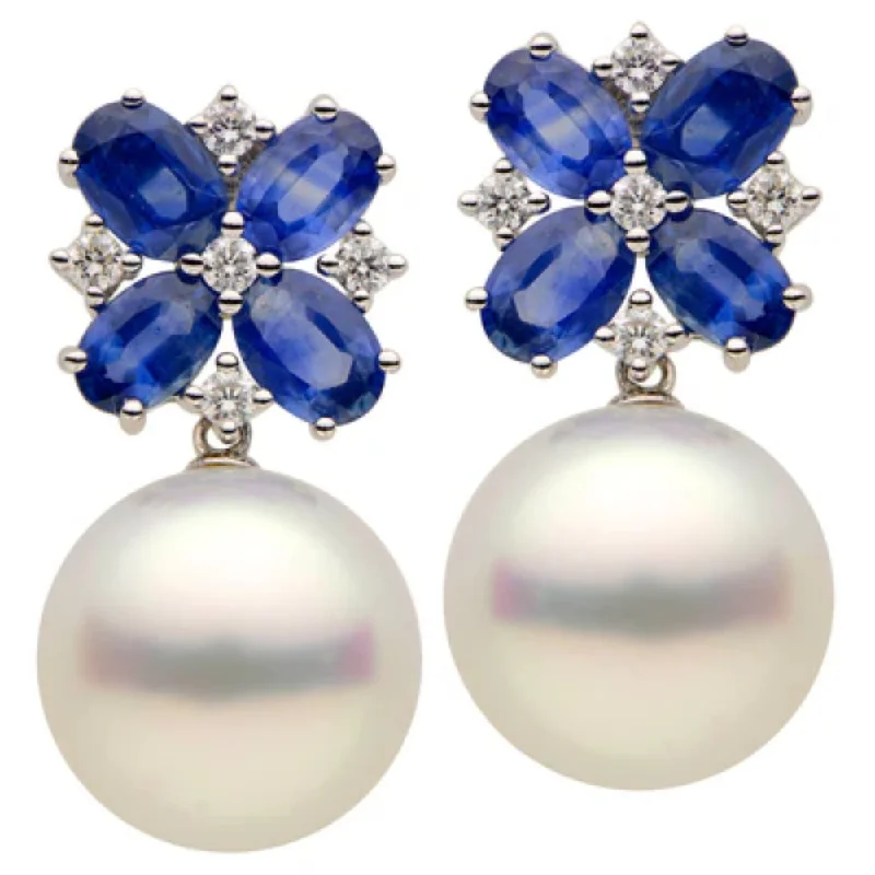 Solid bar earrings-18k White South Sea Pearl and Sapphire Earrings