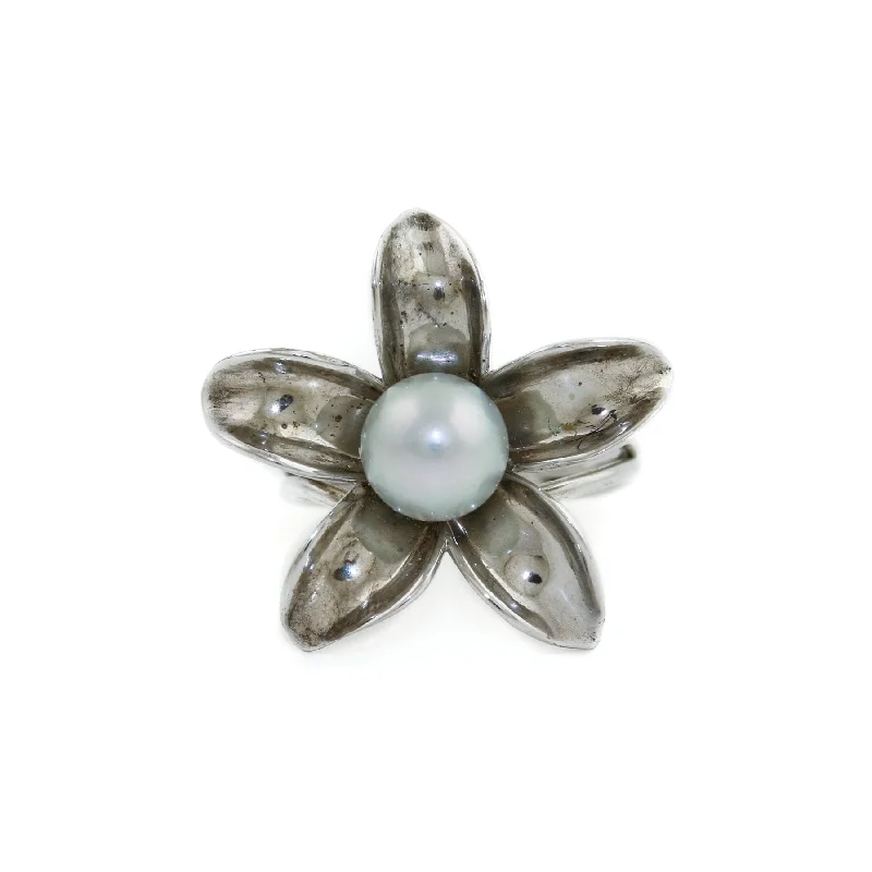 Moon motif rings-Silver x 8mm White Pearl Jasmine Flower Ring