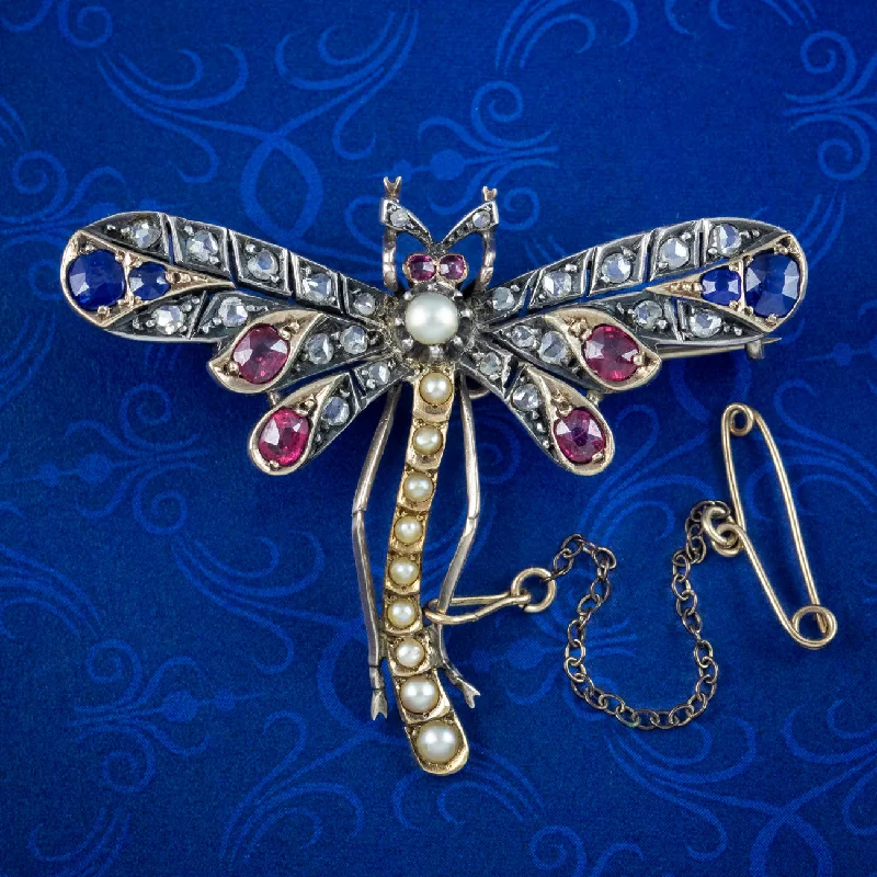 Etched motif brooch-Antique Victorian Dragonfly Brooch Diamond Sapphire Ruby Pearl