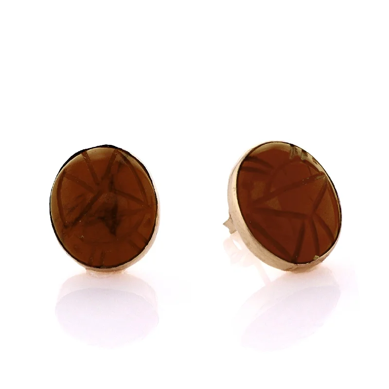 Bamboo style earrings-Estate 14k Yellow Gold Oval Agate Scarab Stud Earrings