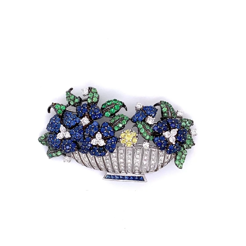 Solid gem brooch-Diamond Tsavorite Sapphire Gold Floral Brooch