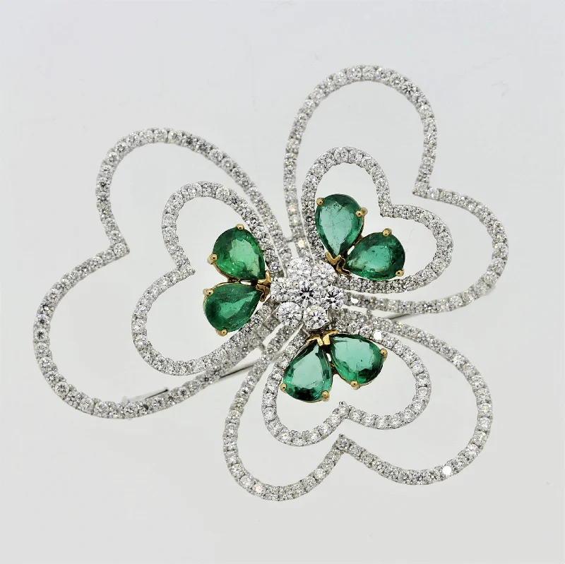 Glossy enamel brooch-Large Emerald Diamond Gold Heart Flower Brooch