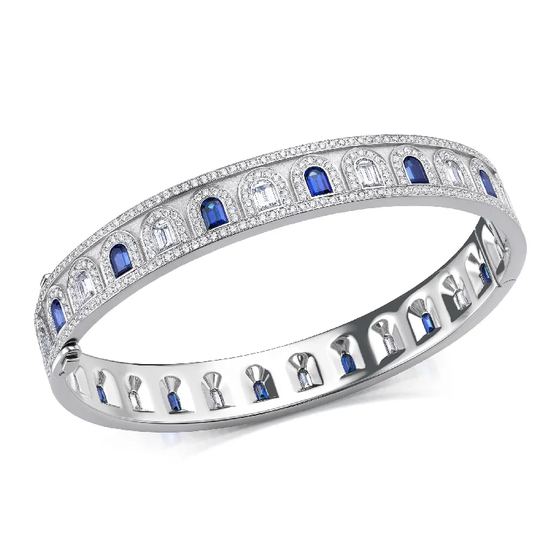 Light bead bangles-L'Arc Deco Bangle in Platinum with DAVIDOR Arch Cut Diamonds DAVIDOR Arch Cut Blue Sapphires and Brilliant Diamonds