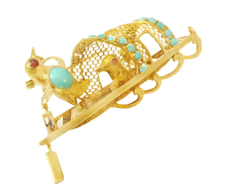 Night gothic brooch-Gorgeous Designer 14K Yellow Gold Ruby Turquoise Lovebirds Boat Brooch Pin