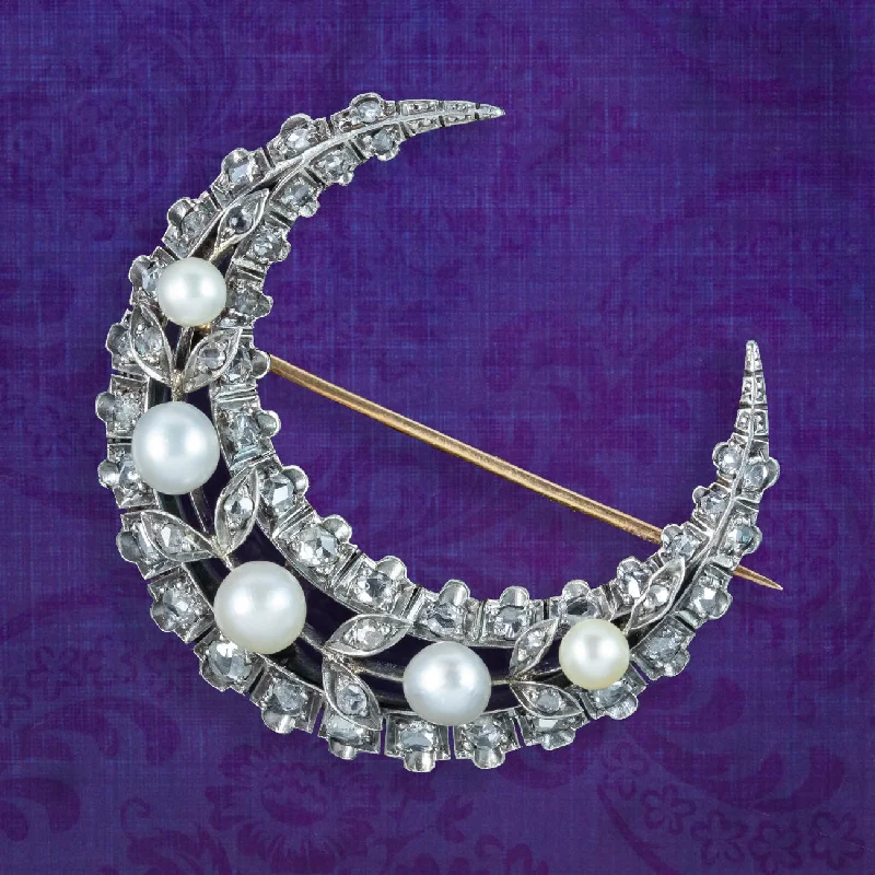 Glossy pearl brooch-Antique Victorian French Pearl Diamond Crescent Moon Brooch