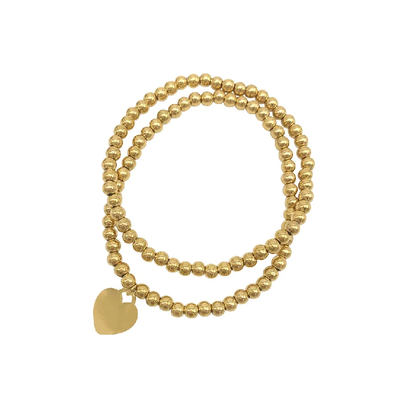 Wave motif bangles-Tarnish Resistant 14k Gold Plated Set of Ball Bracelets with Heart