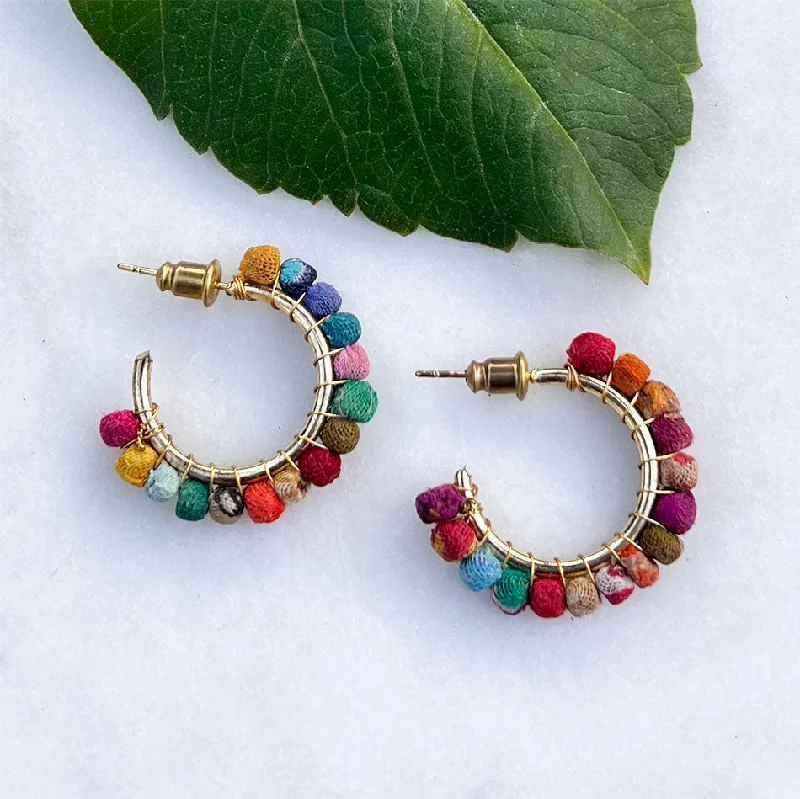 Coiled thread earrings-Recycled Sari Hoops - Small, India