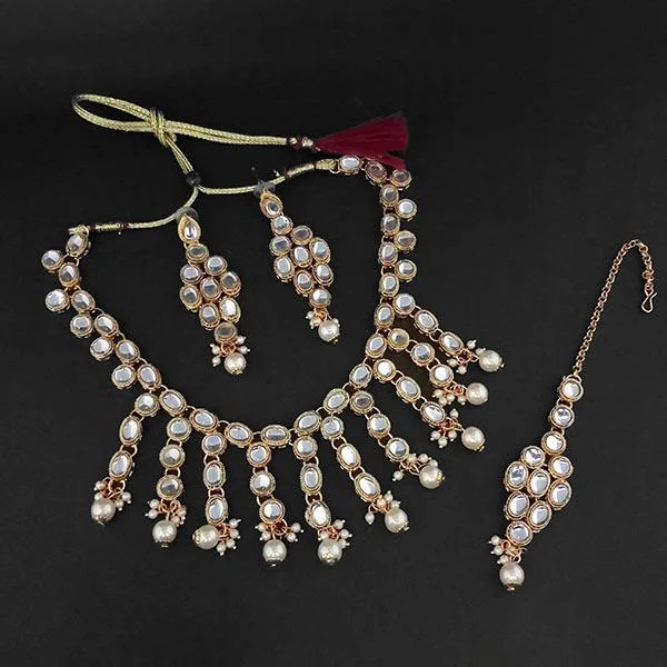 Braided link necklaces-Kriaa Gold Plated White Kundan And Pearl Necklace Set With Maang Tikka - 1107980